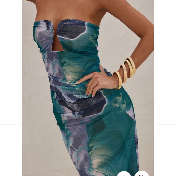 12th Tribe Dresses & Skirts - 12th Tribe Teal & Navy Watercolor Strapless Midi Dress